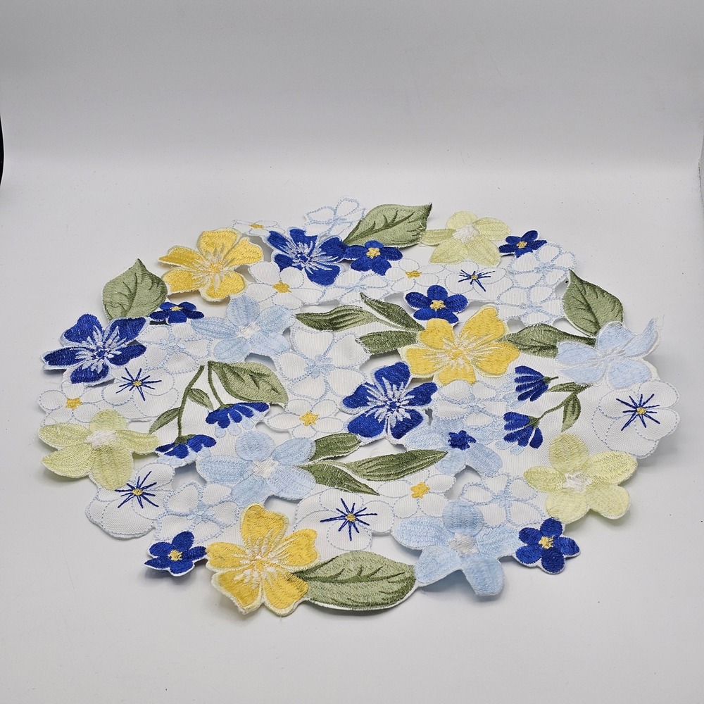 Vintage Round Embroidered Cutwork Floral Doily Table Topper 13" Blue Yellow